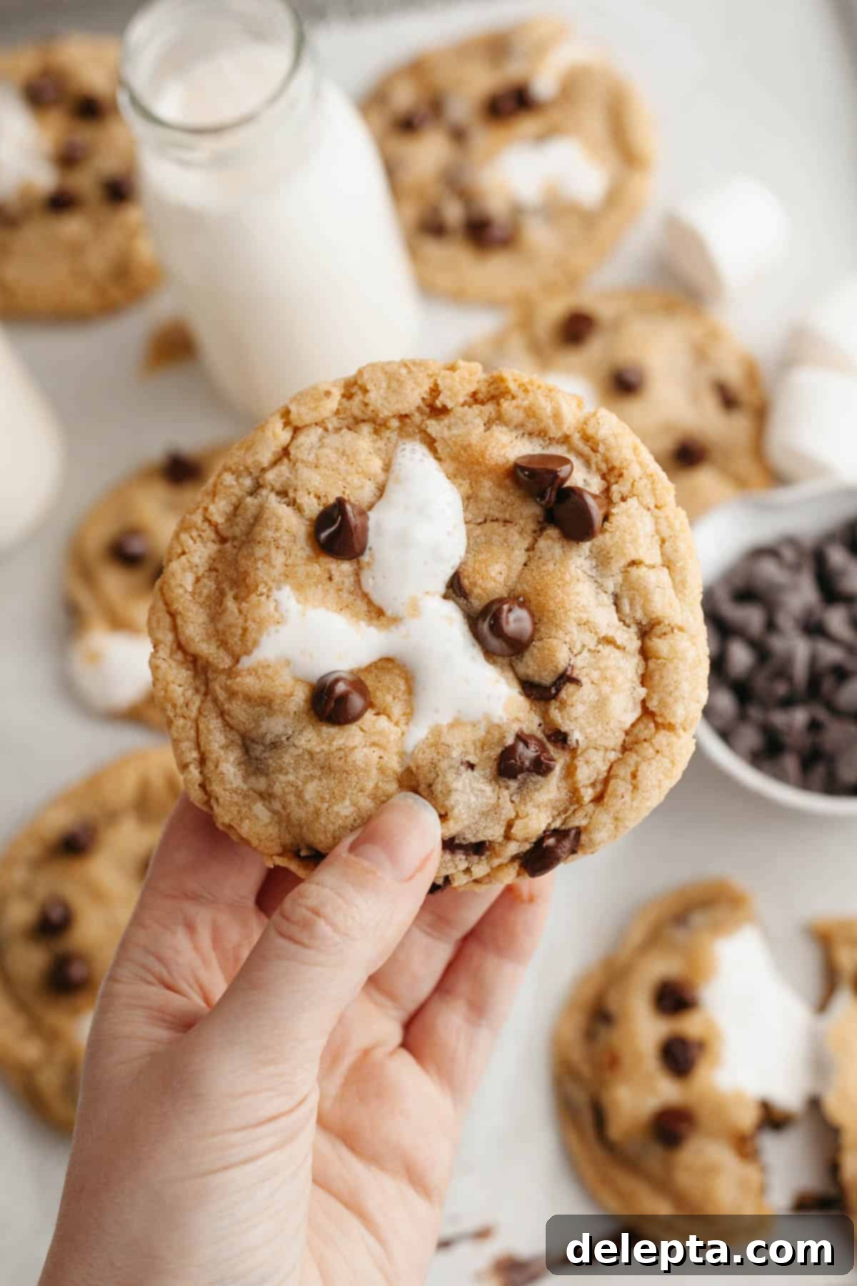 Gooey Chocolate Chip Marshmallow Cookies 2 A hand holding a perfectly baked marshmallow chocolate chip cookie, split open to reveal the unbelievably gooey marshmallow inside, showcasing the rich brown butter dough and melted chocolate chips.