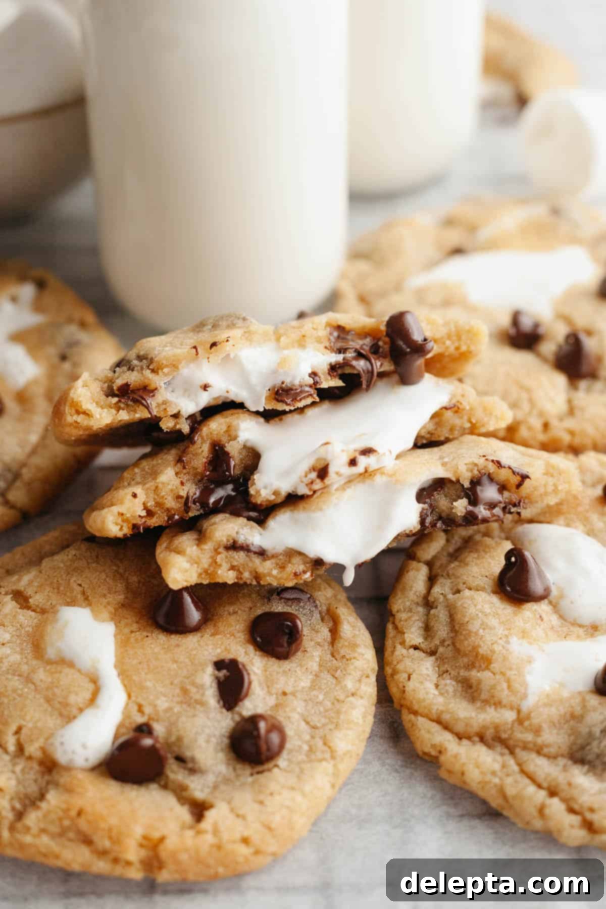 Gooey Chocolate Chip Marshmallow Cookies 11 A beautifully arranged stack of brown butter marshmallow chocolate chip cookies, with one broken in half to reveal its irresistibly gooey, melted marshmallow core and rich chocolate chips.