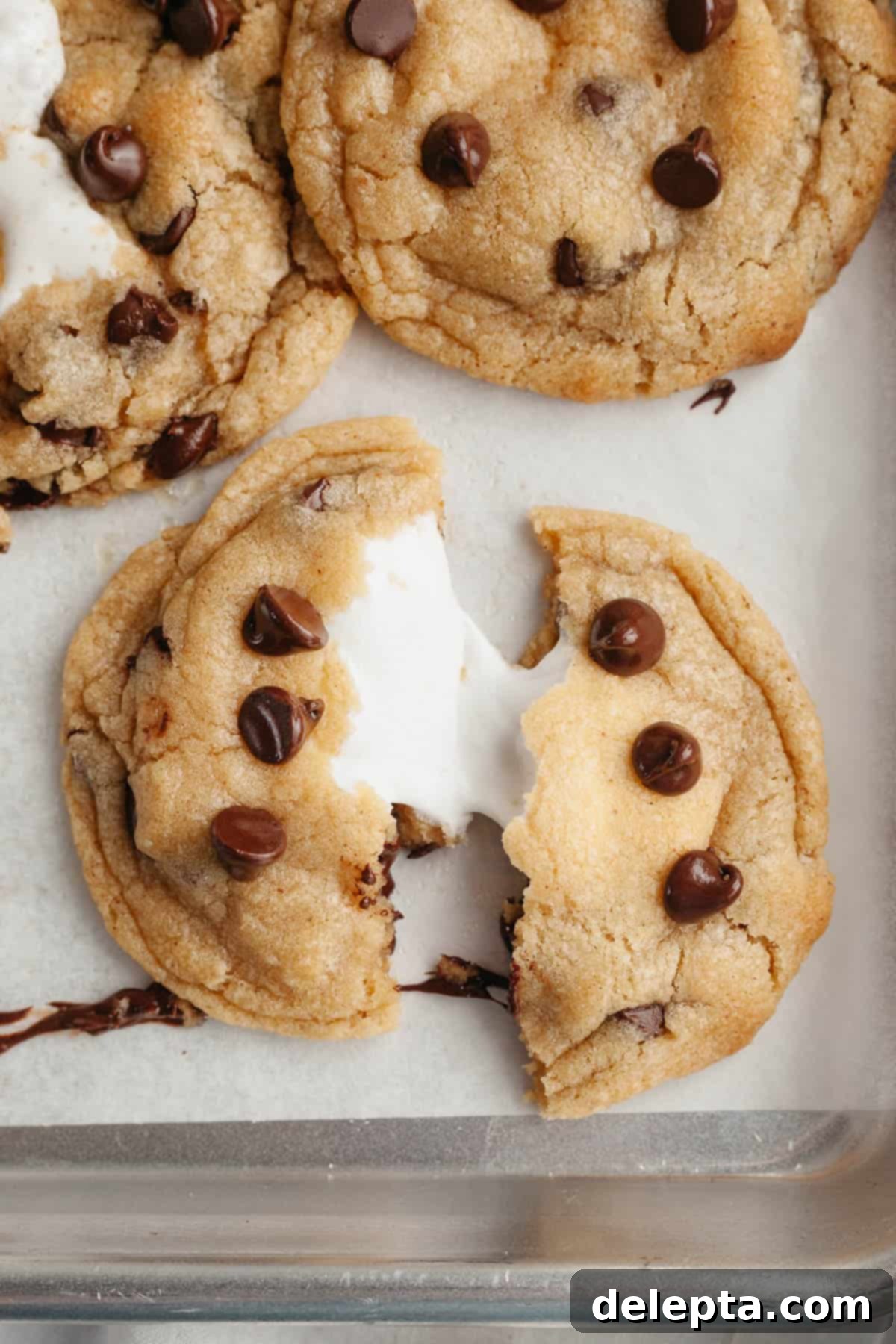 Gooey Chocolate Chip Marshmallow Cookies 10 A rich, brown butter chocolate chip cookie, dramatically split in half to showcase its perfectly melted and gloriously gooey marshmallow filling and melted chocolate.