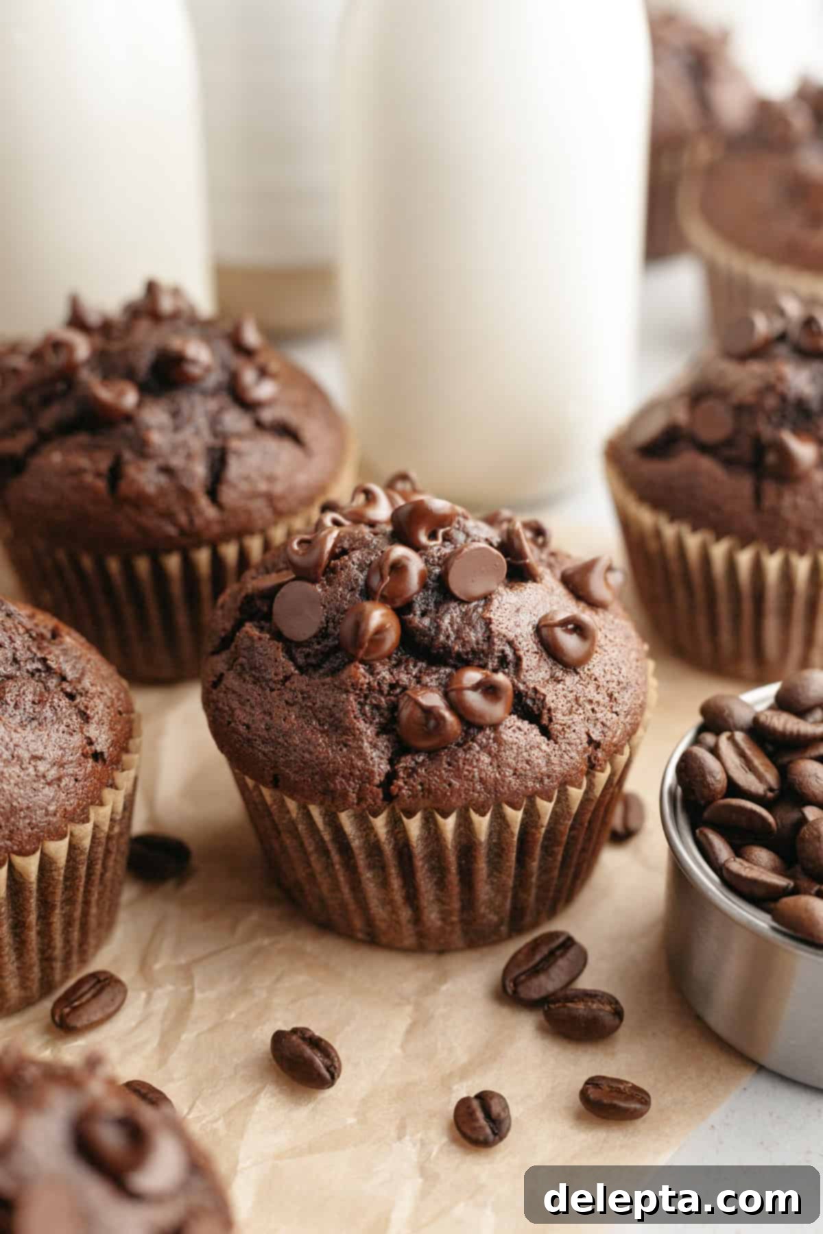 Decadent Double Chocolate Espresso Muffins 2 Espresso chocolate muffins on parchment paper, showcasing their perfect dome tops and rich color.