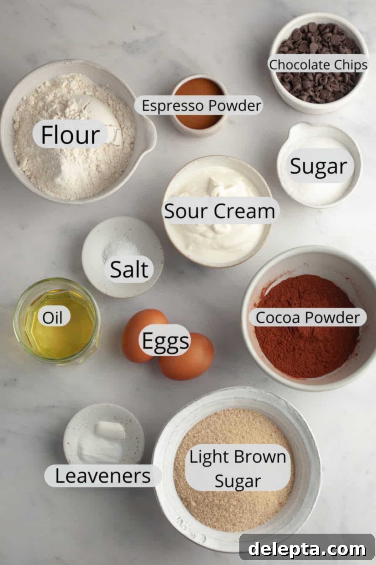 Decadent Double Chocolate Espresso Muffins 3 All the ingredients needed to make double chocolate espresso muffins, carefully weighed out into small bowls, ready for mixing.