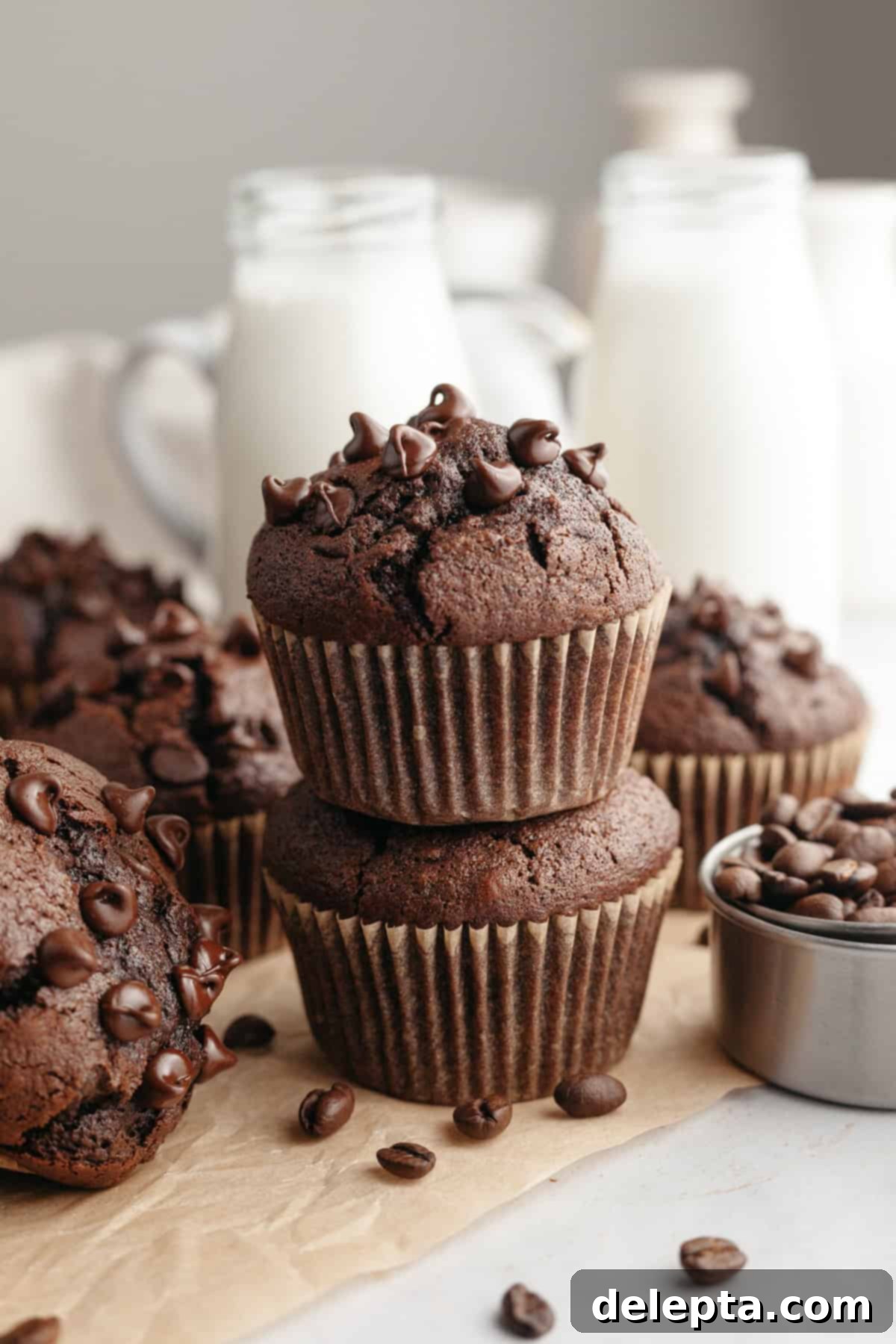 Decadent Double Chocolate Espresso Muffins 8 A stack of two perfectly baked double chocolate espresso muffins on brown parchment paper, ready to be enjoyed.