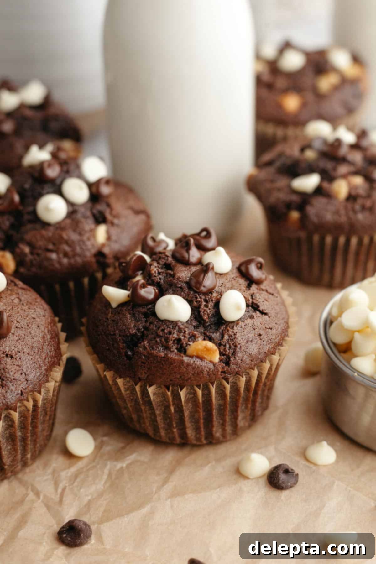 Triple Chocolate Muffins One Bowl Wonder 2 Close-up of baked triple chocolate muffins with visible white and semisweet chocolate chips, showcasing a perfect domed top.