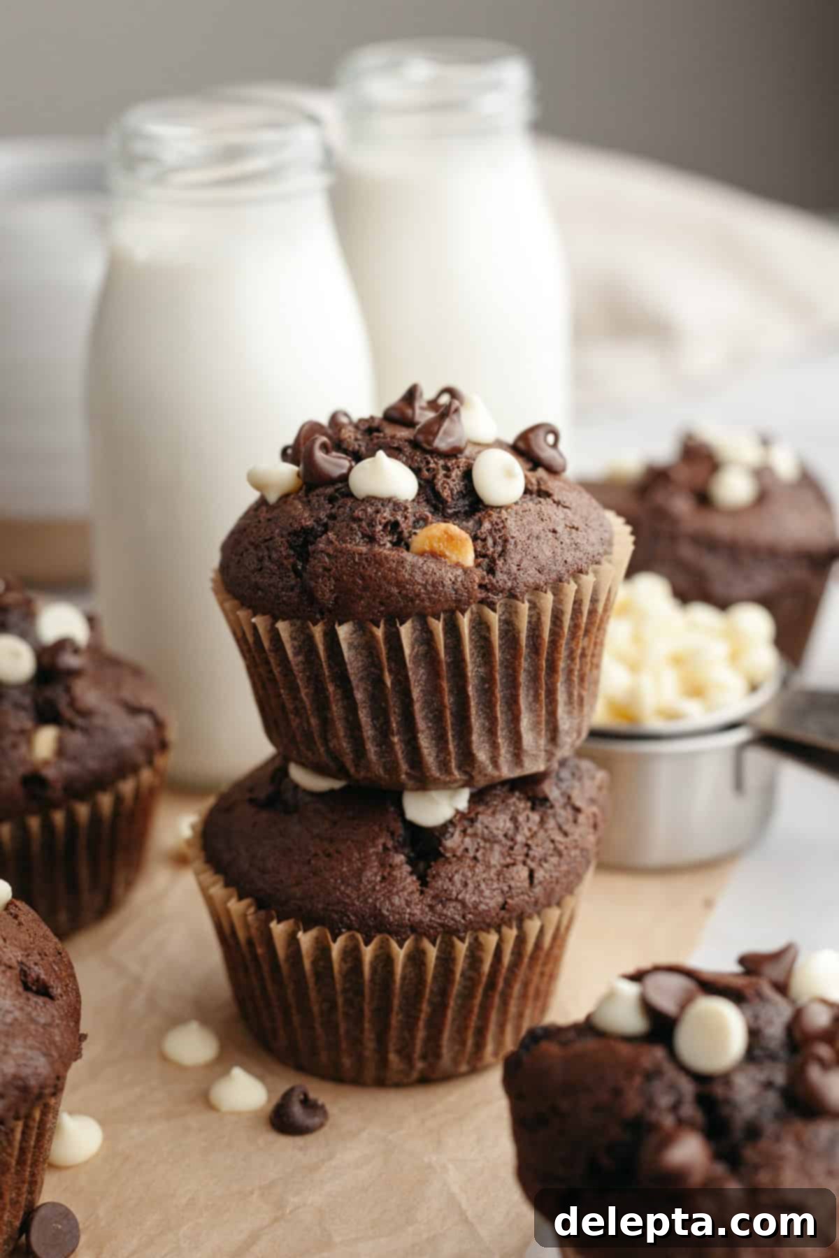 Triple Chocolate Muffins One Bowl Wonder 8 A perfectly stacked pair of freshly baked triple chocolate muffins on parchment paper, ready to be enjoyed.