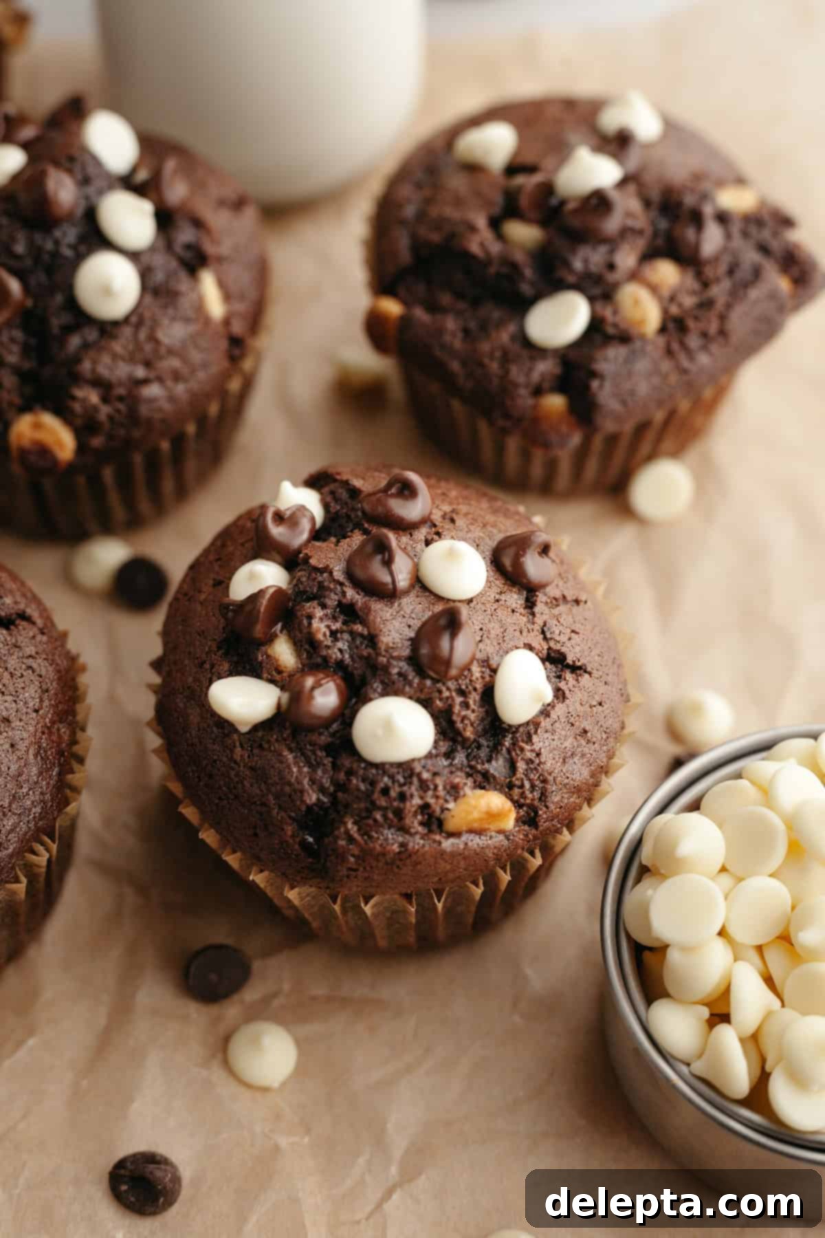 Triple Chocolate Muffins One Bowl Wonder 9 A spread of triple chocolate muffins arranged beautifully on parchment paper, ready to be served.