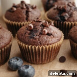 Decadent Blueberry Chocolate Sour Cream Muffins 10 A delicious, moist blueberry chocolate muffin, with visible blueberries and chocolate chips, resting on parchment paper.