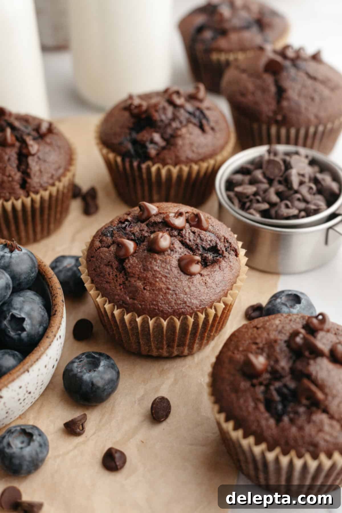 Decadent Blueberry Chocolate Sour Cream Muffins 9 A single blueberry chocolate muffin on a piece of parchment paper, showcasing its textured, domed top and visible blueberries and chocolate chips, with a slight blur in the background.