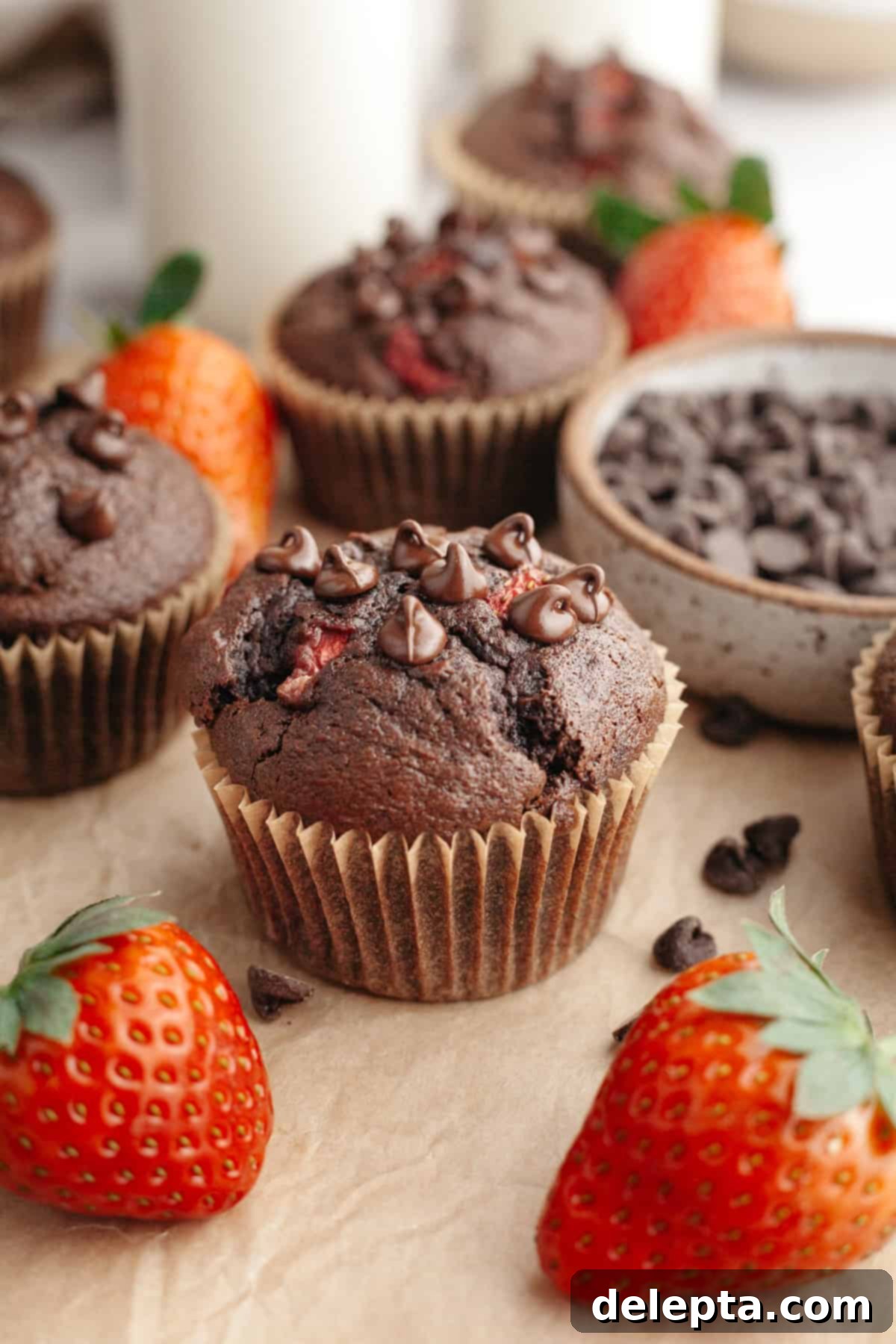 Decadent Double Chocolate Strawberry Muffins 2 A close up of a chocolate strawberry muffin on parchment paper next to some fresh strawberries, highlighting its moist texture and chocolate chunks.