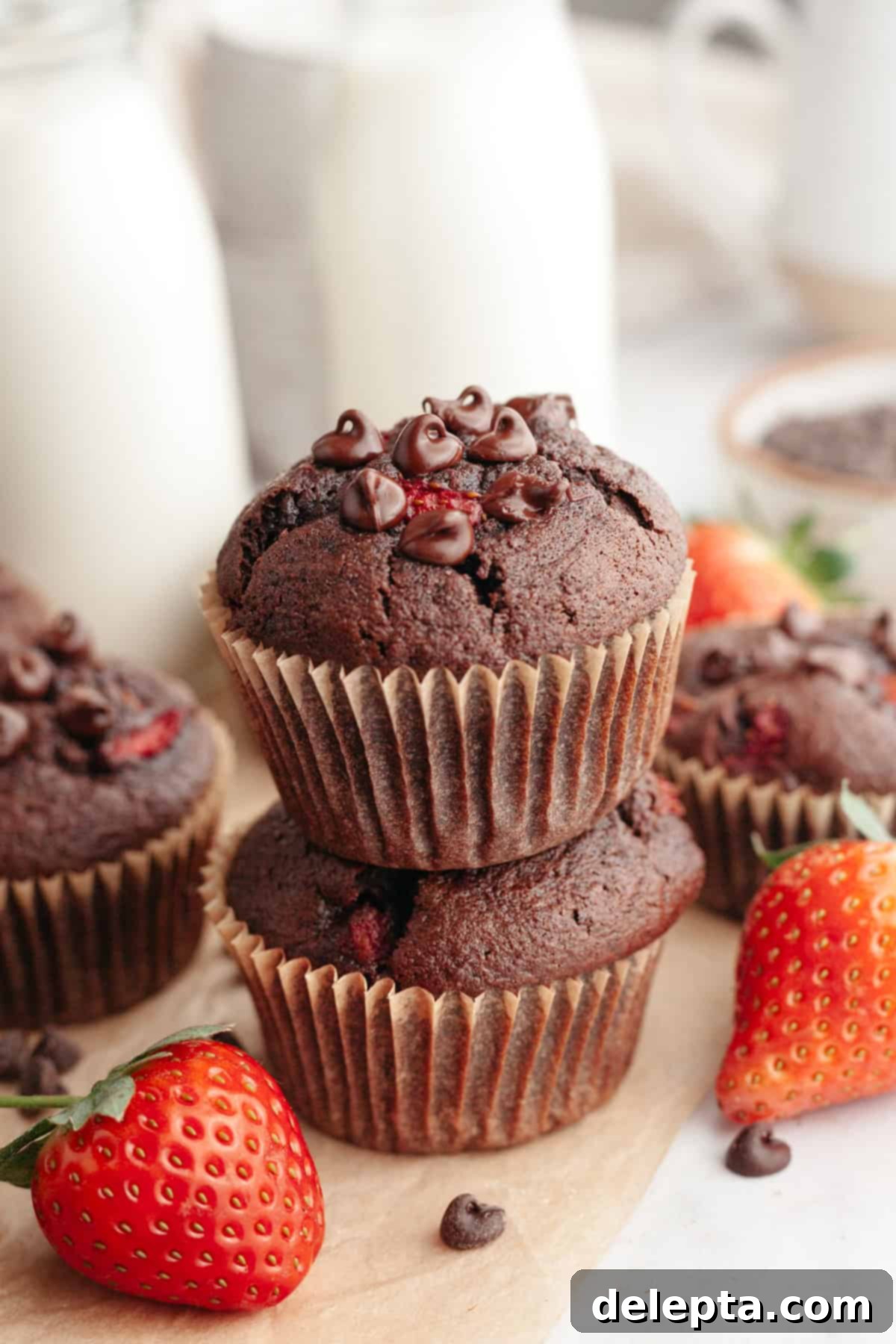 Decadent Double Chocolate Strawberry Muffins 8 A stack of two perfectly baked chocolate strawberry muffins with visible chocolate chips on parchment paper.