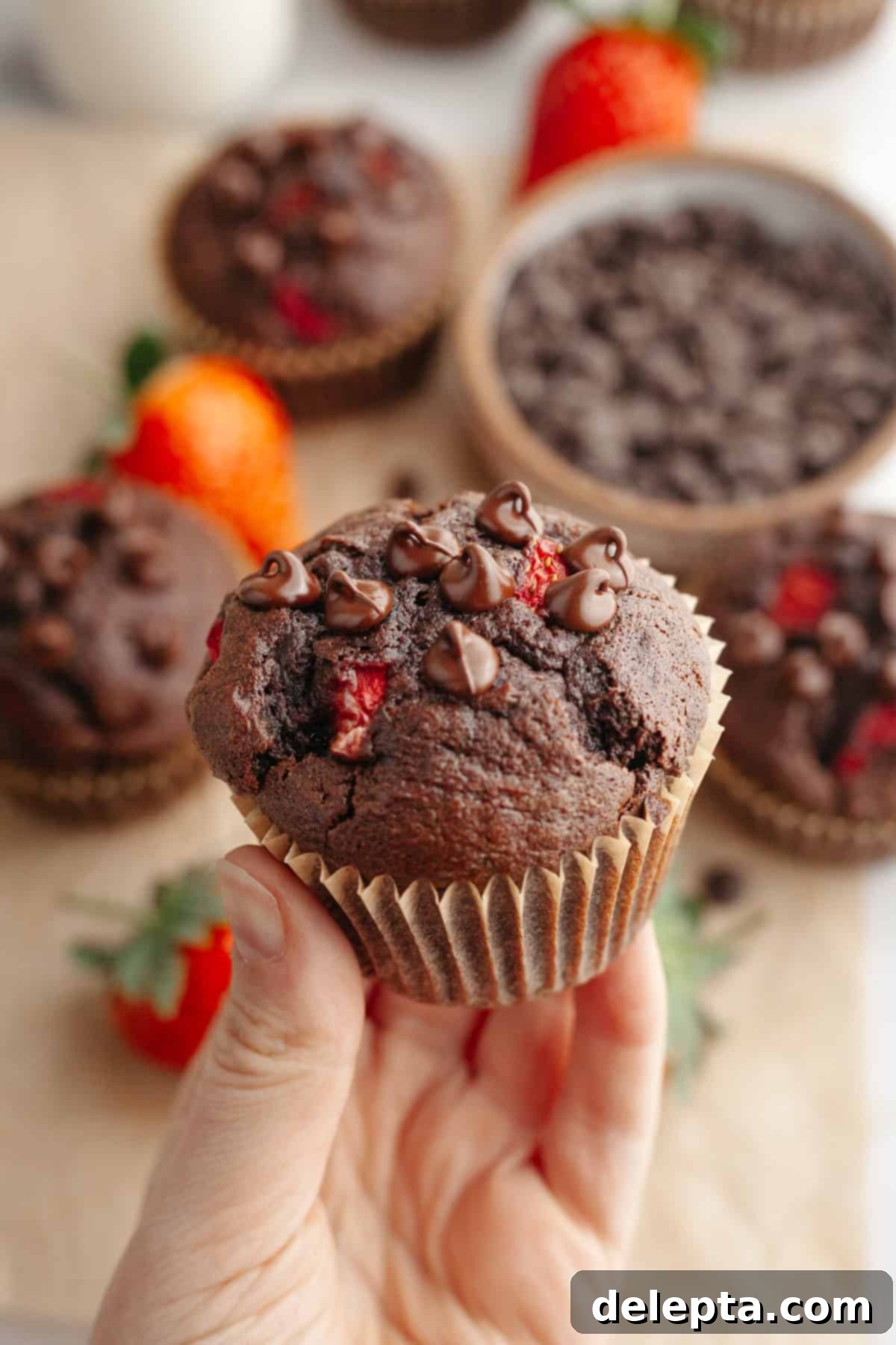 Decadent Double Chocolate Strawberry Muffins 9 A hand holding a strawberry chocolate muffin, showing its fluffy texture and rich filling.