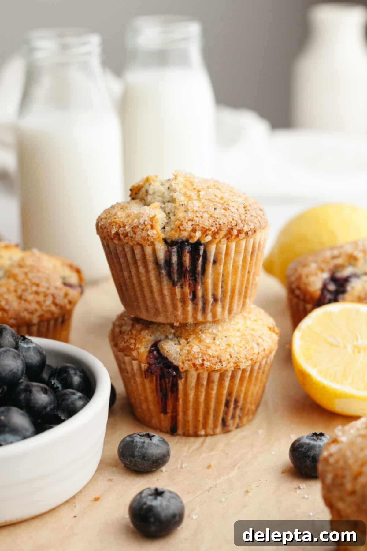 Sunny Lemon Blueberry Poppy Seed Muffins One Bowl Delight 2 A close up of a stack of two blueberry lemon poppy seed muffins on parchment paper, showcasing their golden tops and tender crumb.