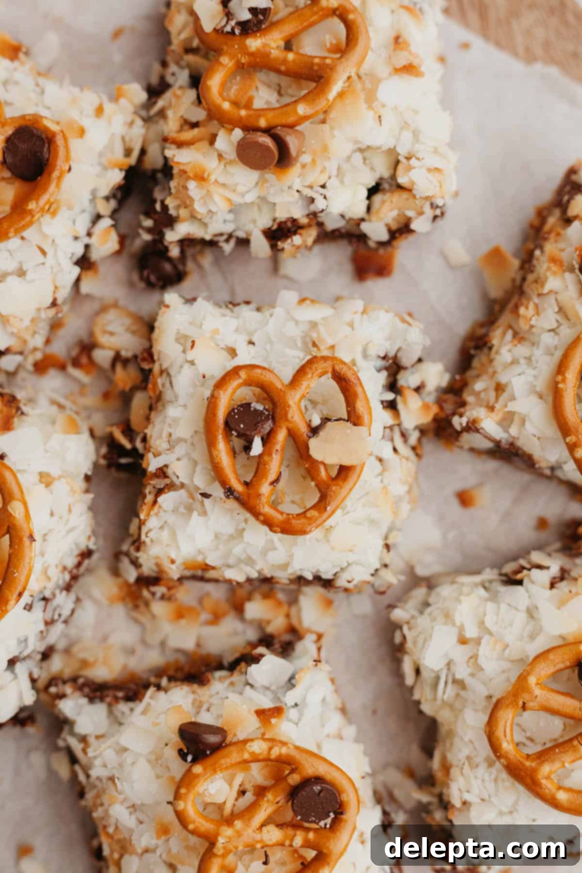Sweet and Salty Seven Layer Pretzel Bars 2 An overhead shot of hello dolly bars on parchment paper.