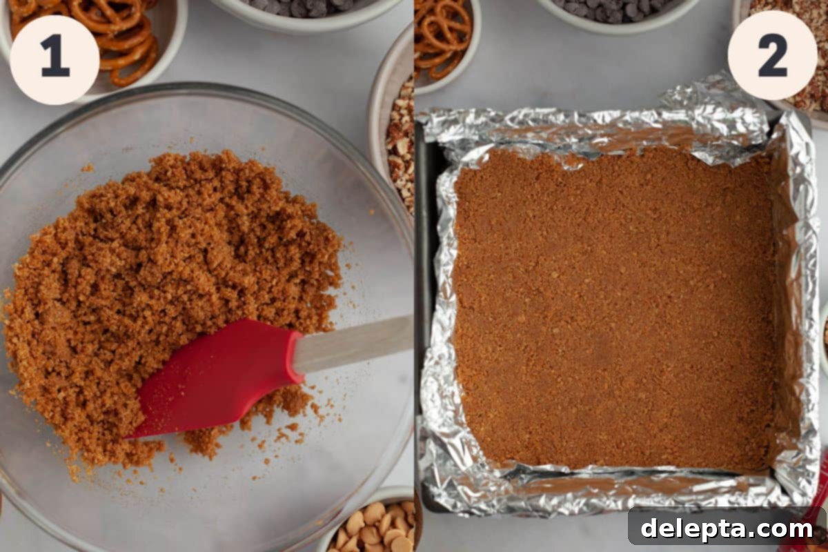 Sweet and Salty Seven Layer Pretzel Bars 4 Steps 1 and 2 in the hello dolly bar baking process.
