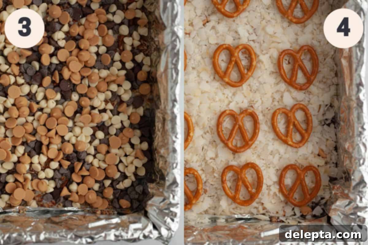 Sweet and Salty Seven Layer Pretzel Bars 5 Steps 3 and 4 in the hello dolly bar baking process.