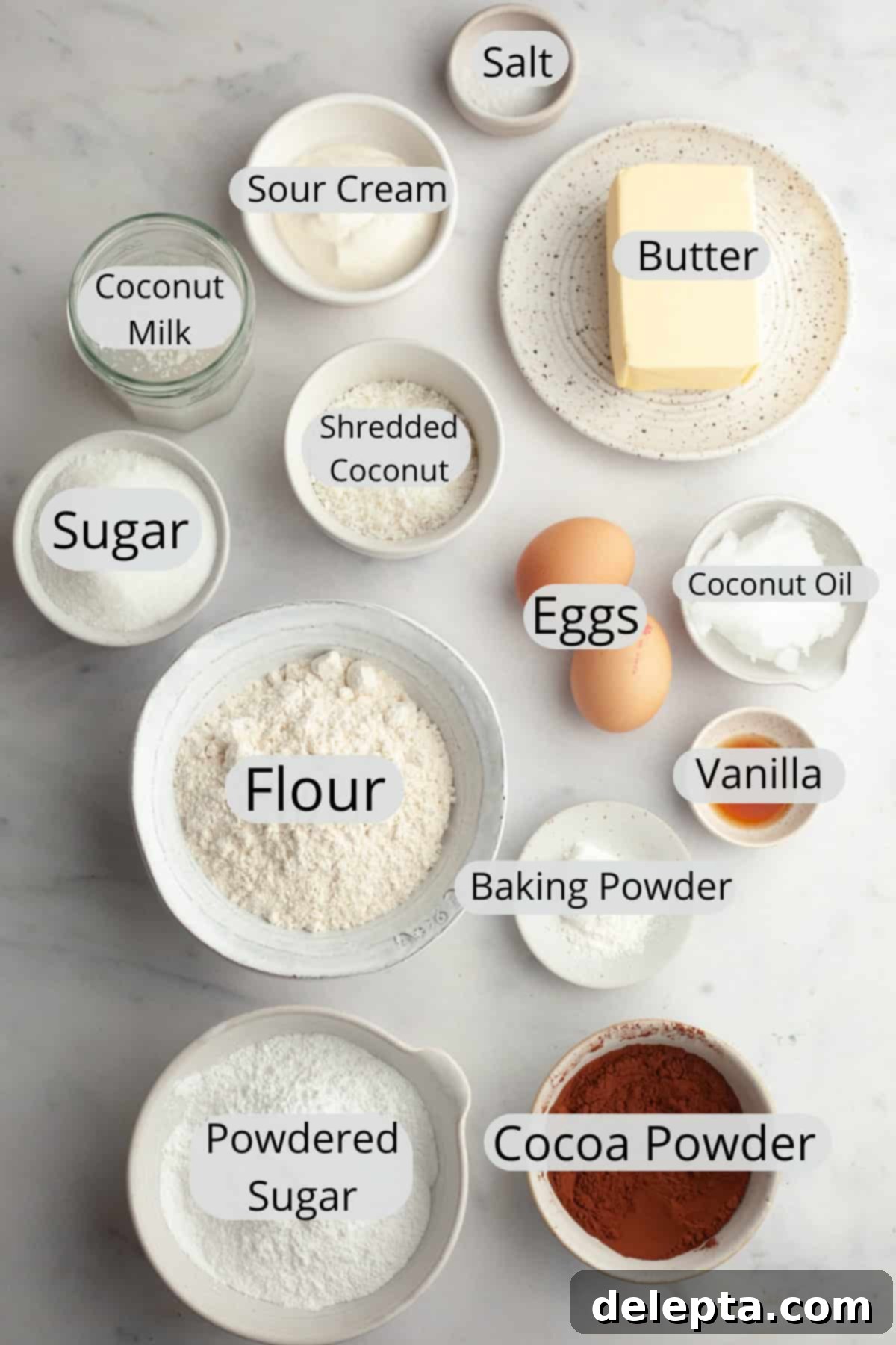 Double Chocolate Coconut Indulgence 3 All the ingredients needed to make chocolate coconut cupcakes, weighed out into small bowls.