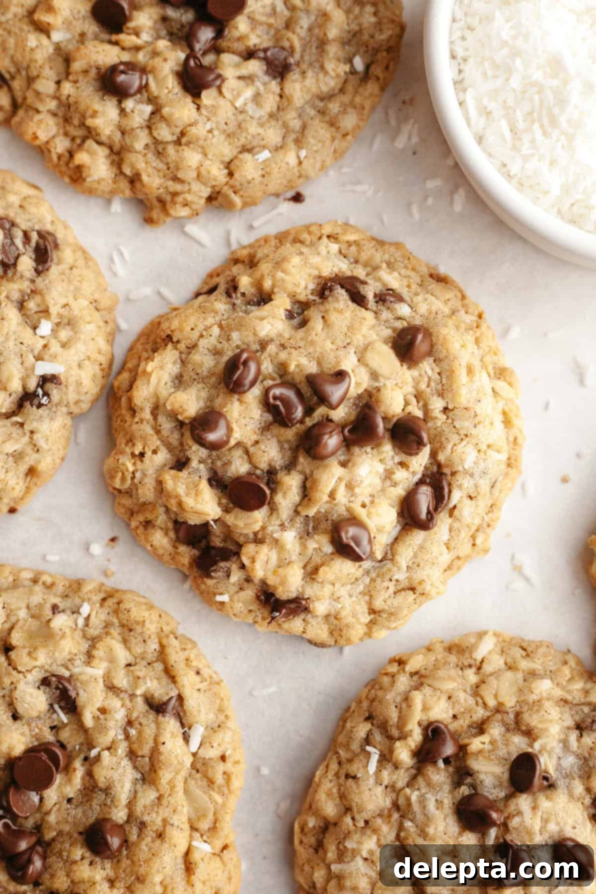 Brown Butter Oatmeal Cookies with Chocolate Chips and Coconut 2 A close up of freshly baked coconut chocolate chip oatmeal cookies cooling on parchment paper, showcasing their perfect golden edges and gooey centers.