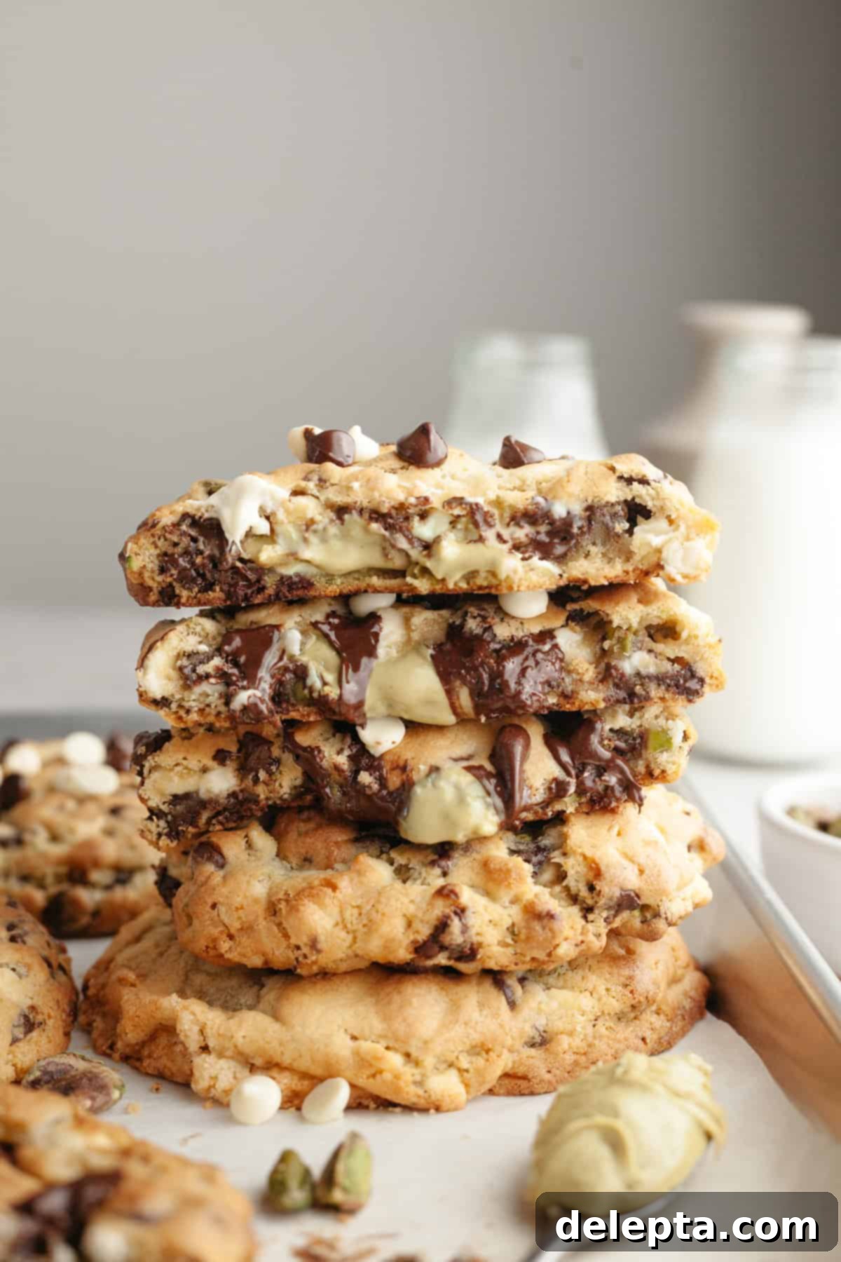 Pistachio Stuffed Chocolate Chip Delights 2 A stack of golden brown pistachio cream chocolate chip cookies on parchment paper, showcasing their thick, rustic appearance and generous size.