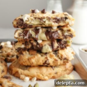 Pistachio Stuffed Chocolate Chip Delights 11 A stack of pistachio chocolate chip cookies, with one broken in half to beautifully display its rich, gooey pistachio cream filling.