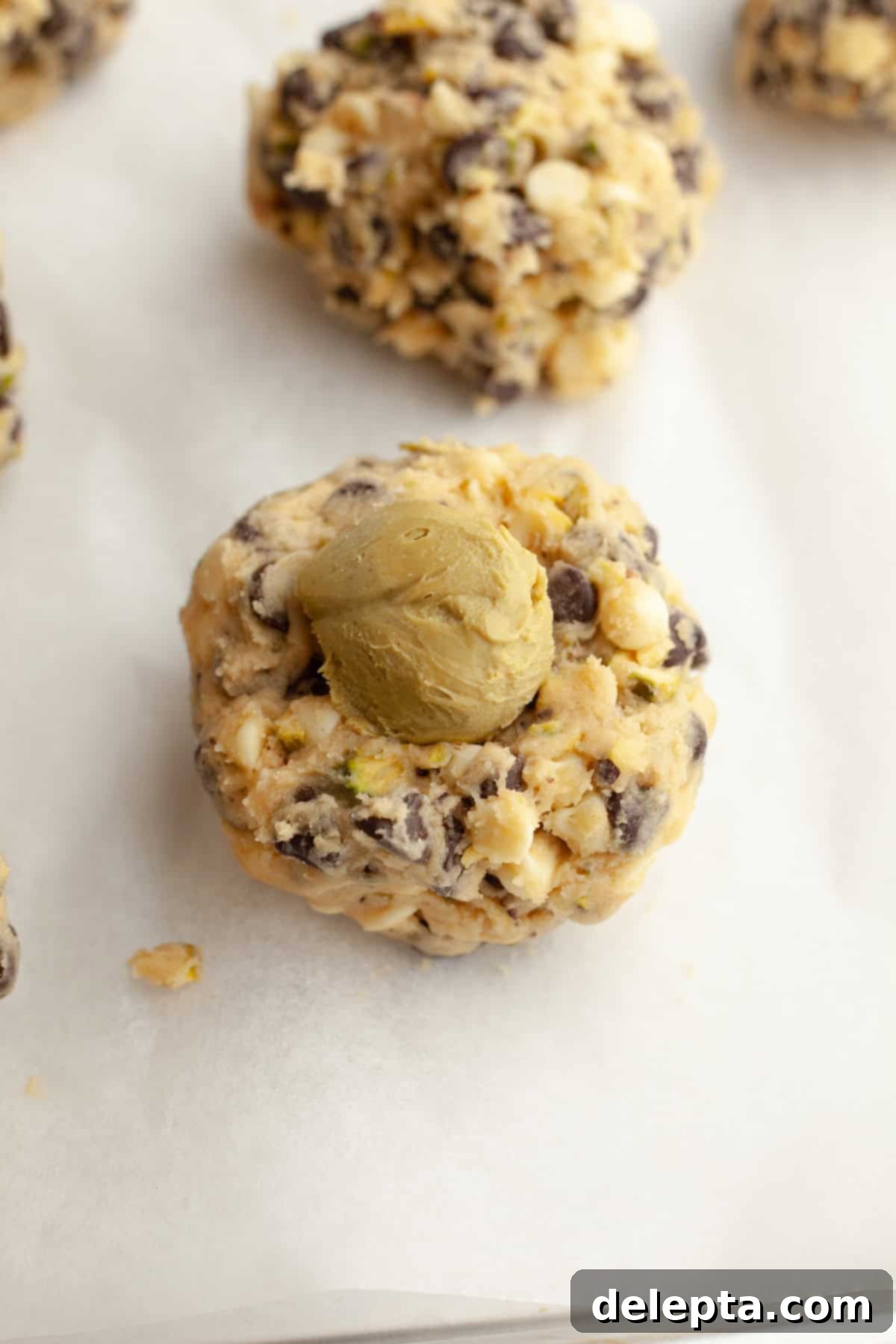 Pistachio Stuffed Chocolate Chip Delights 8 Pistachio chocolate chip cookie dough balls on parchment paper, one with a frozen pistachio cream ball placed into an indent, ready to be sealed.