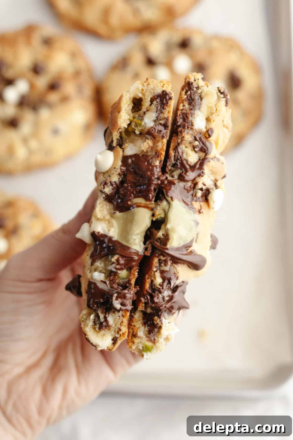 Pistachio Stuffed Chocolate Chip Delights 10 A hand holds a generously sized, freshly baked pistachio chocolate chip cookie, broken perfectly in half to dramatically reveal its molten pistachio cream center and abundant chocolate chips.