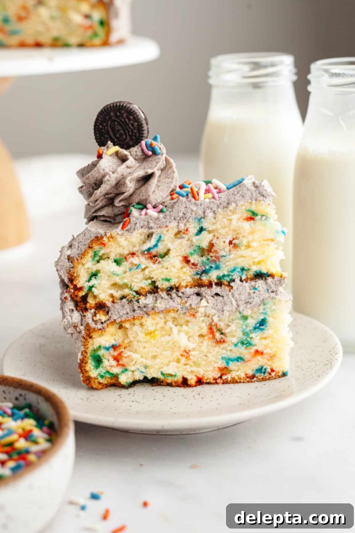 Simply Delicious Funfetti Oreo Cake with Dreamy Oreo Frosting 2 A beautifully frosted slice of Oreo funfetti cake on a small white plate, showing the colorful sprinkles within the cake layers and the rich Oreo buttercream.