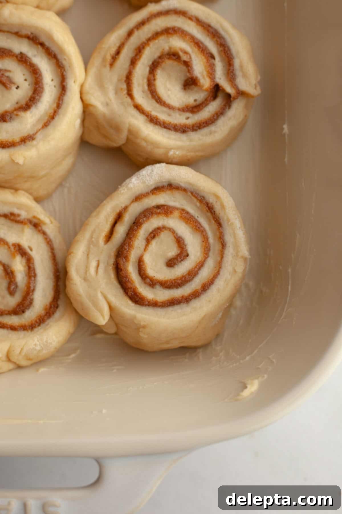 Maple Espresso Cinnamon Swirls 8 Unbaked cinnamon coffee rolls in a buttered baking dish.