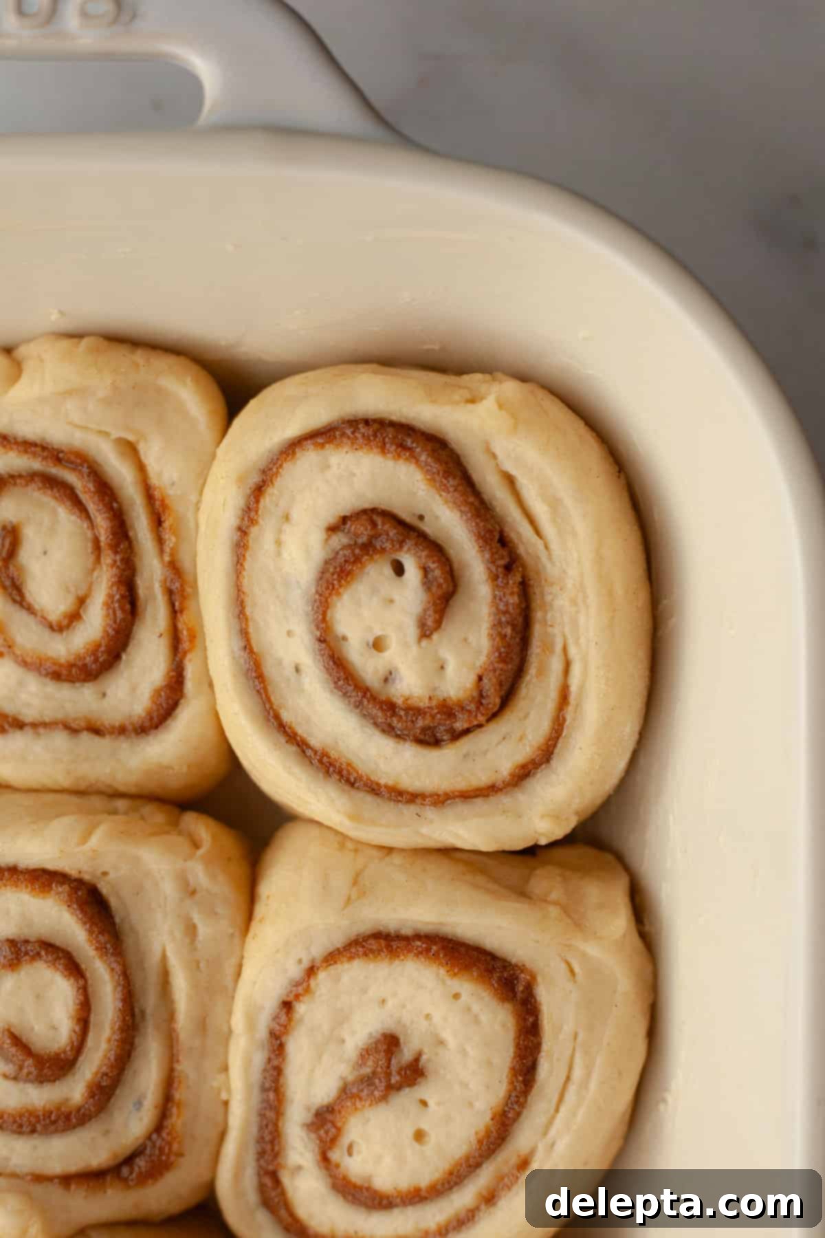 Maple Espresso Cinnamon Swirls 9 Unbaked cinnamon coffee rolls in a baking dish.