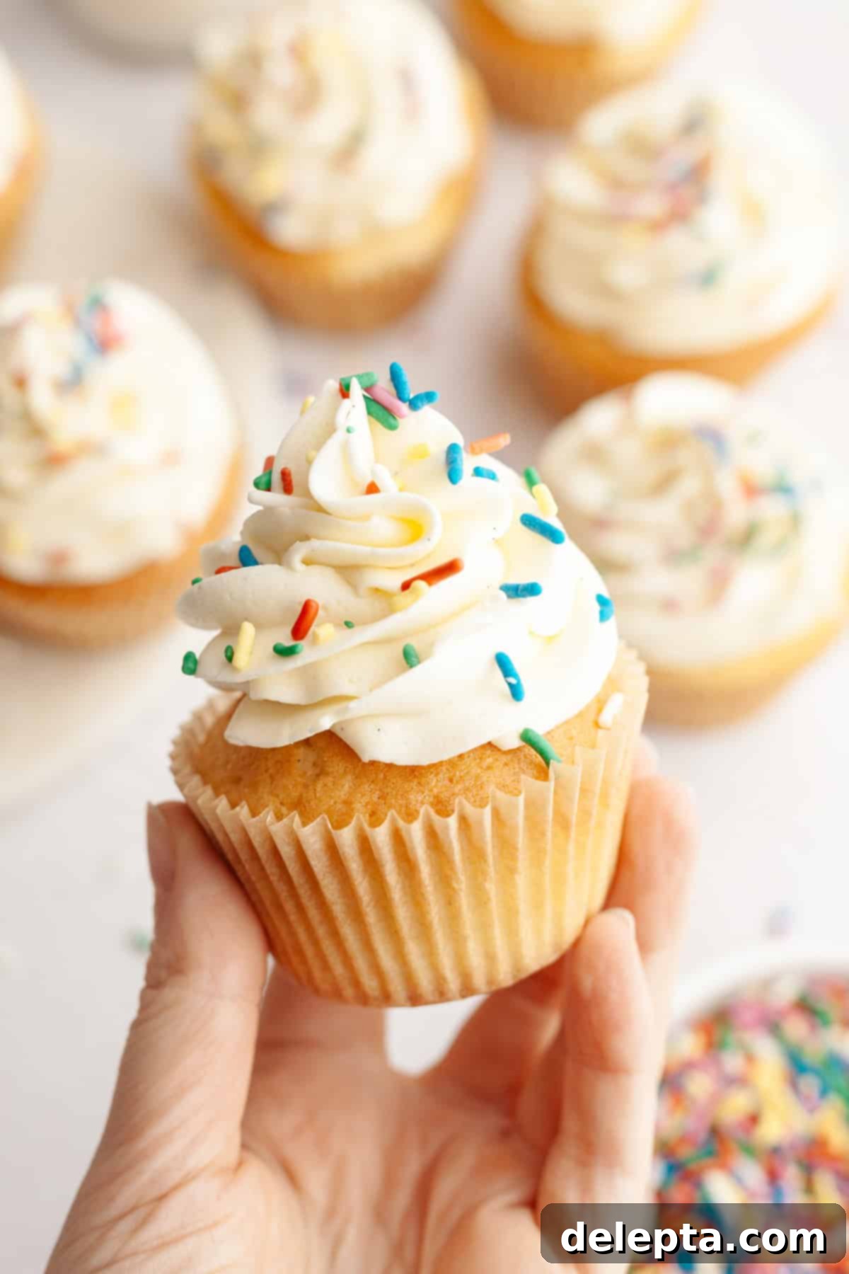 Pure Vanilla Bean Bliss Cupcakes 2 A close up of a hand holding a perfectly frosted vanilla bean cupcake adorned with vibrant rainbow sprinkles.