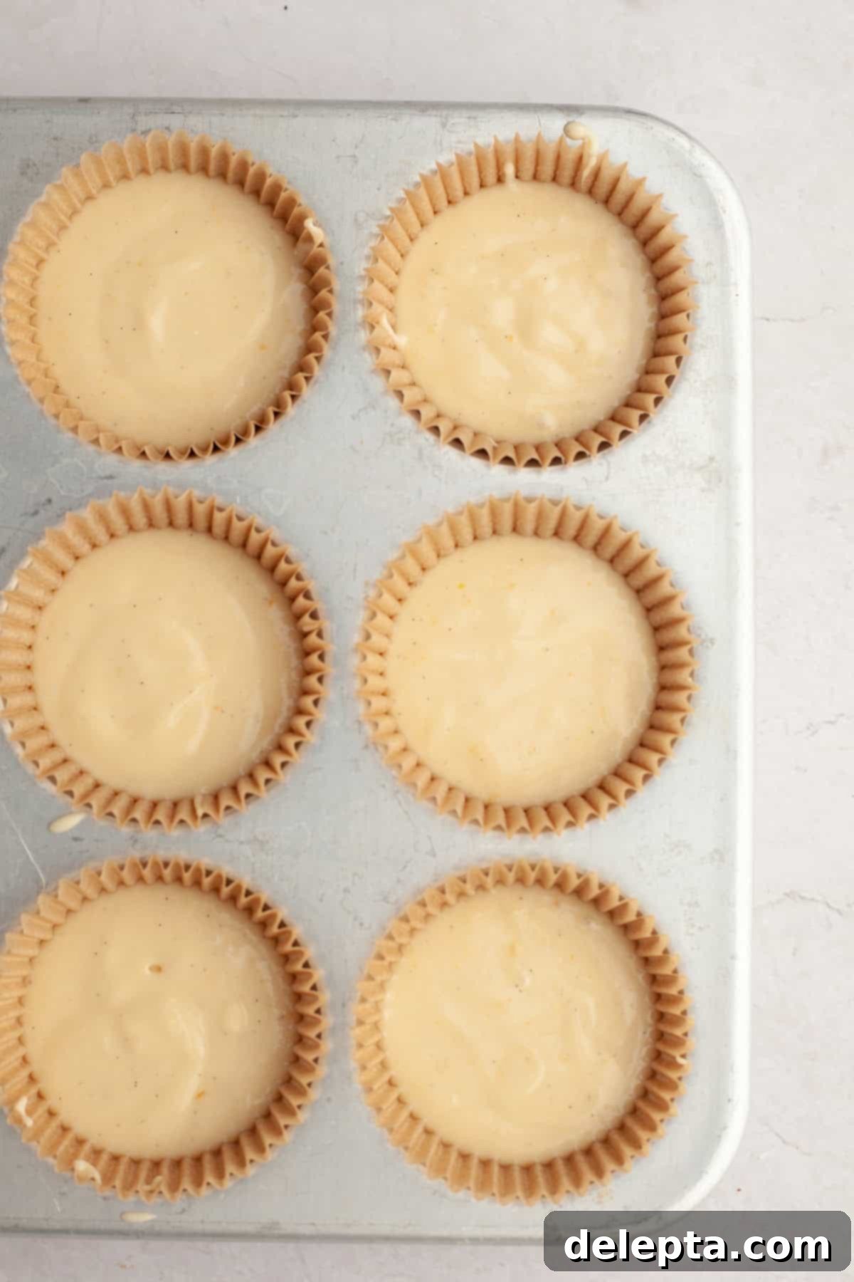 Pure Vanilla Bean Bliss Cupcakes 7 Rows of unbaked vanilla bean cupcake batter neatly scooped into cupcake liners within a baking pan.