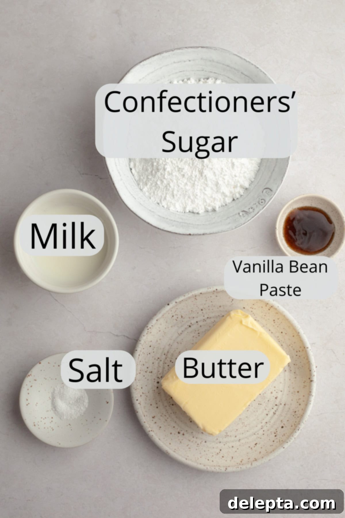 Simple Vanilla Bean Buttercream Perfection 3 All the ingredients needed to make vanilla bean frosting, weighed out into small bowls.