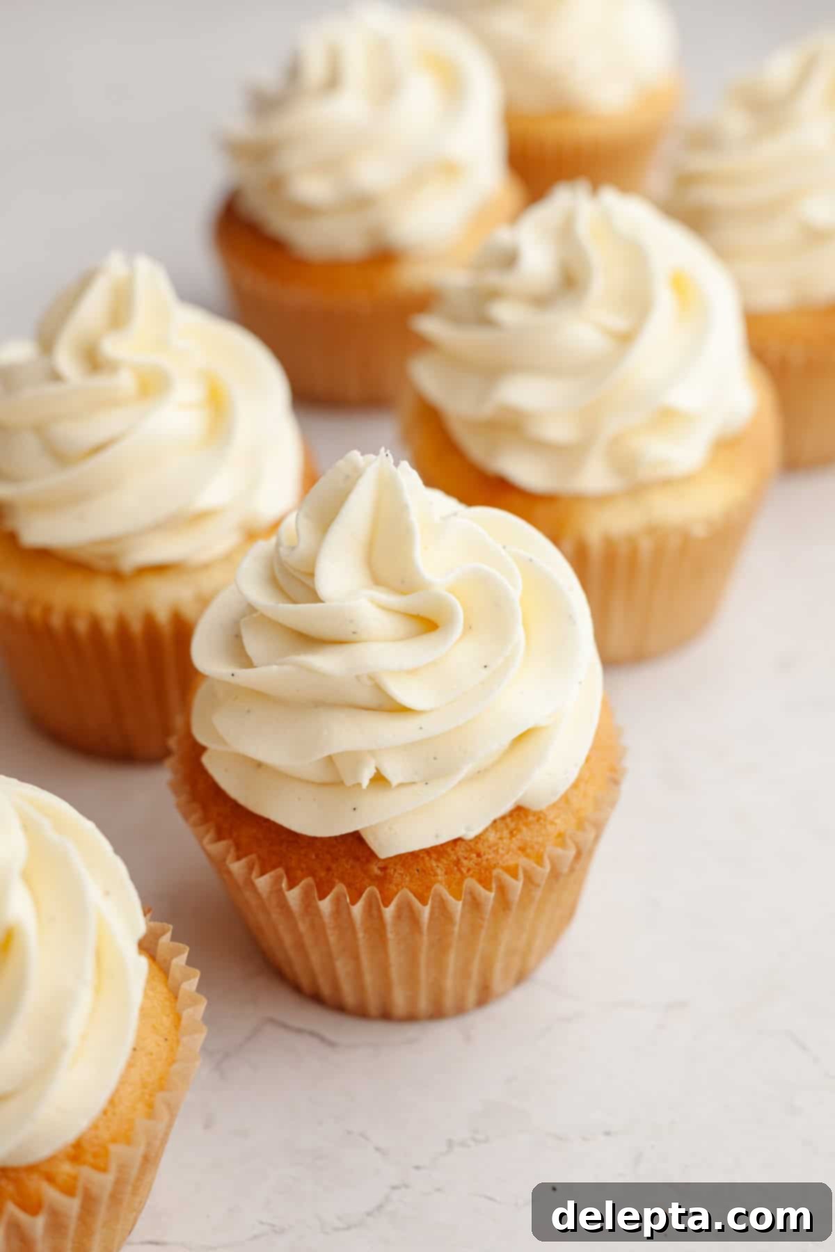 Simple Vanilla Bean Buttercream Perfection 6 Cupcakes frosted with vanilla bean buttercream.