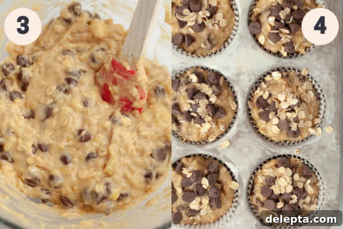 Wholesome Banana Oat Chocolate Chip Muffins 5 A bowl of mixed muffin batter with chocolate chips and a muffin pan filled with unbaked chocolate chip oatmeal muffins topped with extra chocolate chips.