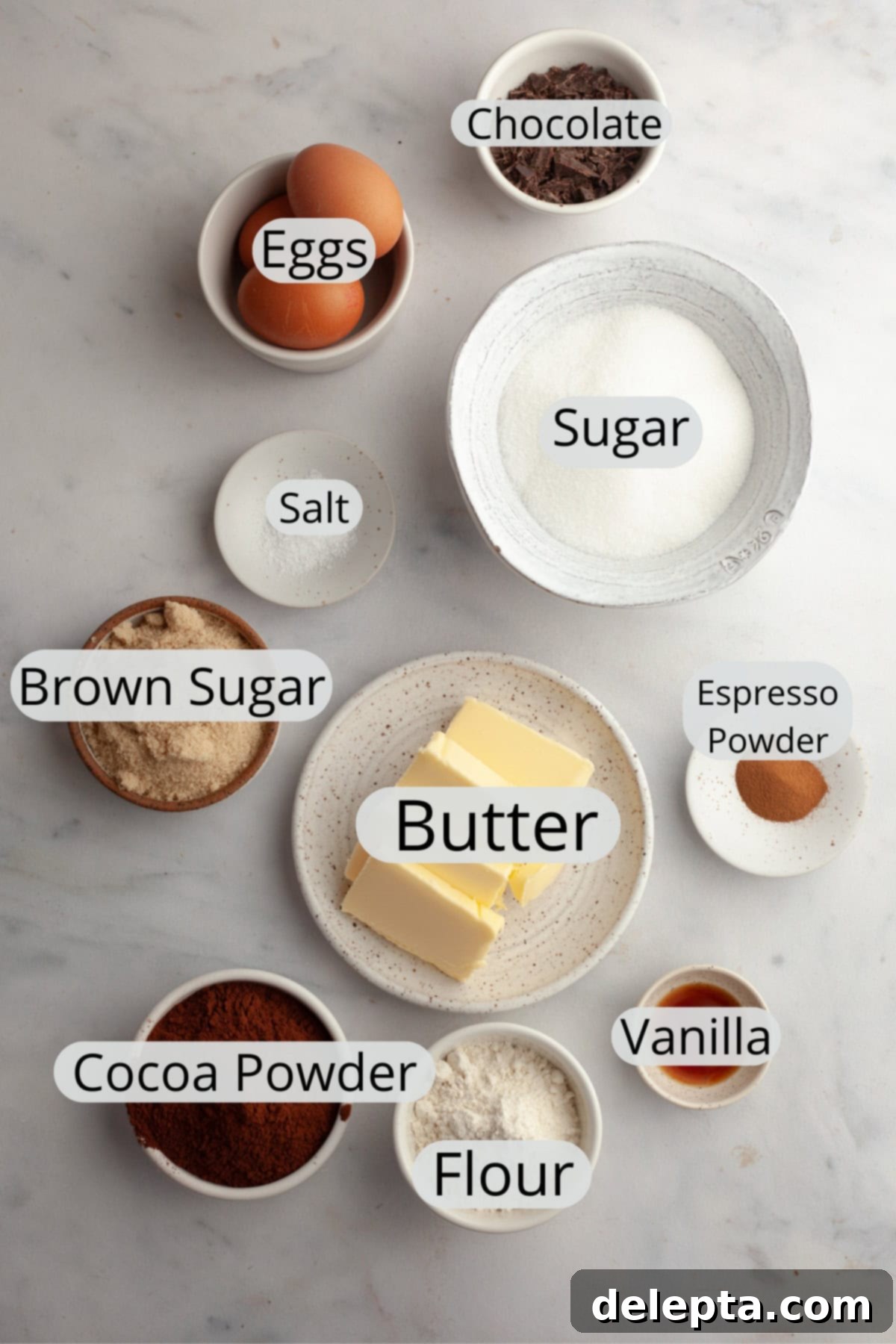 Decadent One Bowl Fudgy Brown Butter Espresso Brownies 3 All the essential ingredients for making fudgy brown butter espresso brownies, neatly arranged in small bowls for easy preparation.