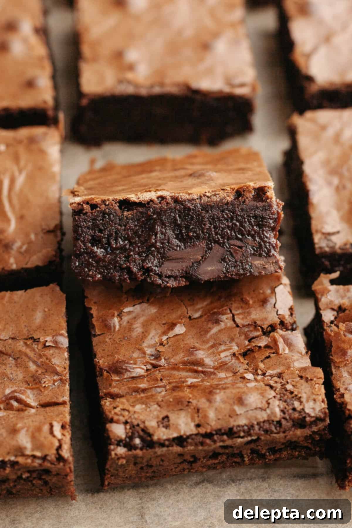 Decadent One Bowl Fudgy Brown Butter Espresso Brownies 9 A close-up shot of a single fudgy brown butter espresso brownie, highlighting its dense texture and crinkled surface.