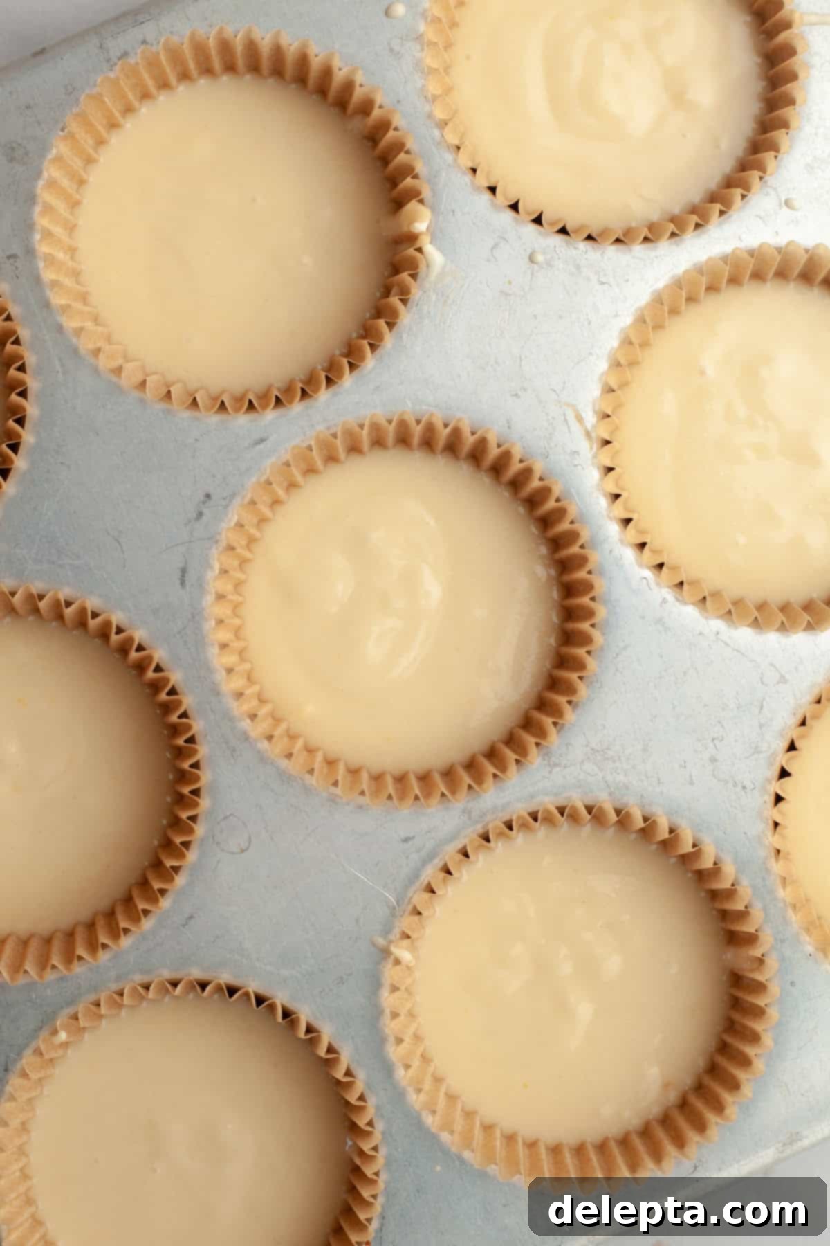 Raspberry Almond Jam Burst Cupcakes 7 Unbaked almond cupcakes in a cupcake pan, perfectly portioned into liners.