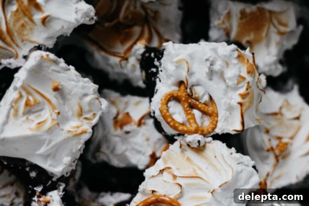 Fireside S'mores Brownies 8 Various slices of campfire brownies arranged on a serving plate, highlighting the dense brownie and fluffy toasted meringue
