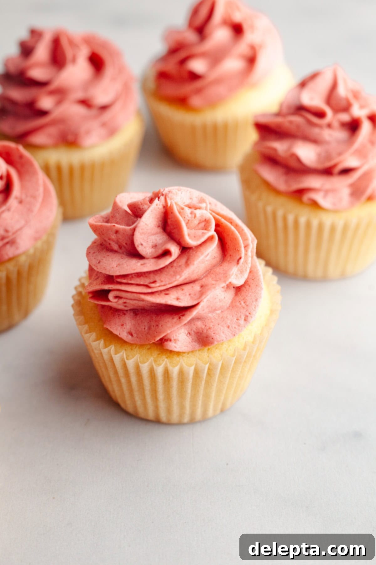 Raspberry Dream Buttercream 2 Vanilla cupcakes topped with pink raspberry frosting, elegantly piped.