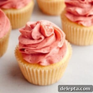 Raspberry Dream Buttercream 7 Vanilla cupcakes topped with naturally pink raspberry frosting, beautifully piped in a swirl.