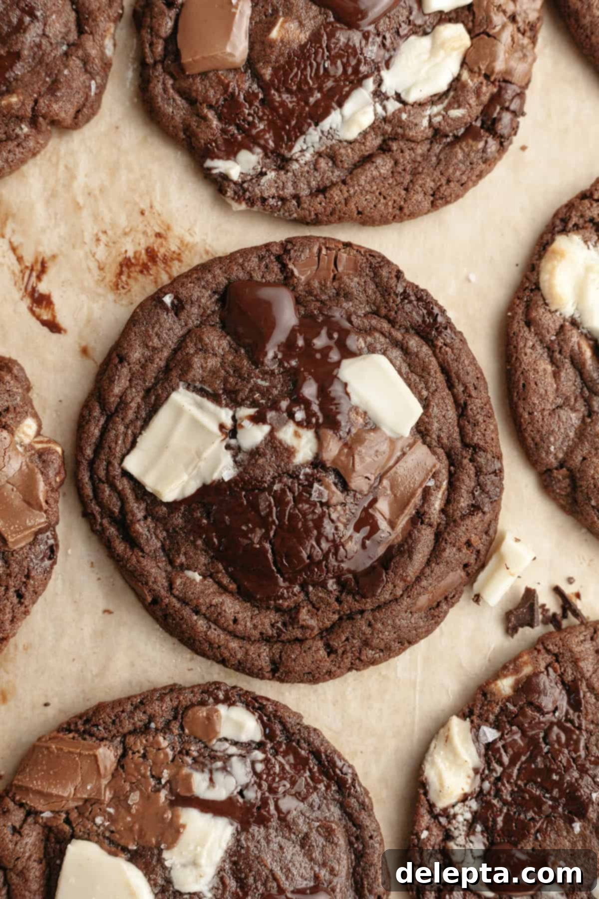 Chewy Triple Chocolate Chunk One Bowl Cookies 2 A close up of freshly baked triple chocolate chunk cookies cooling on parchment paper, showcasing melted chocolate puddles.