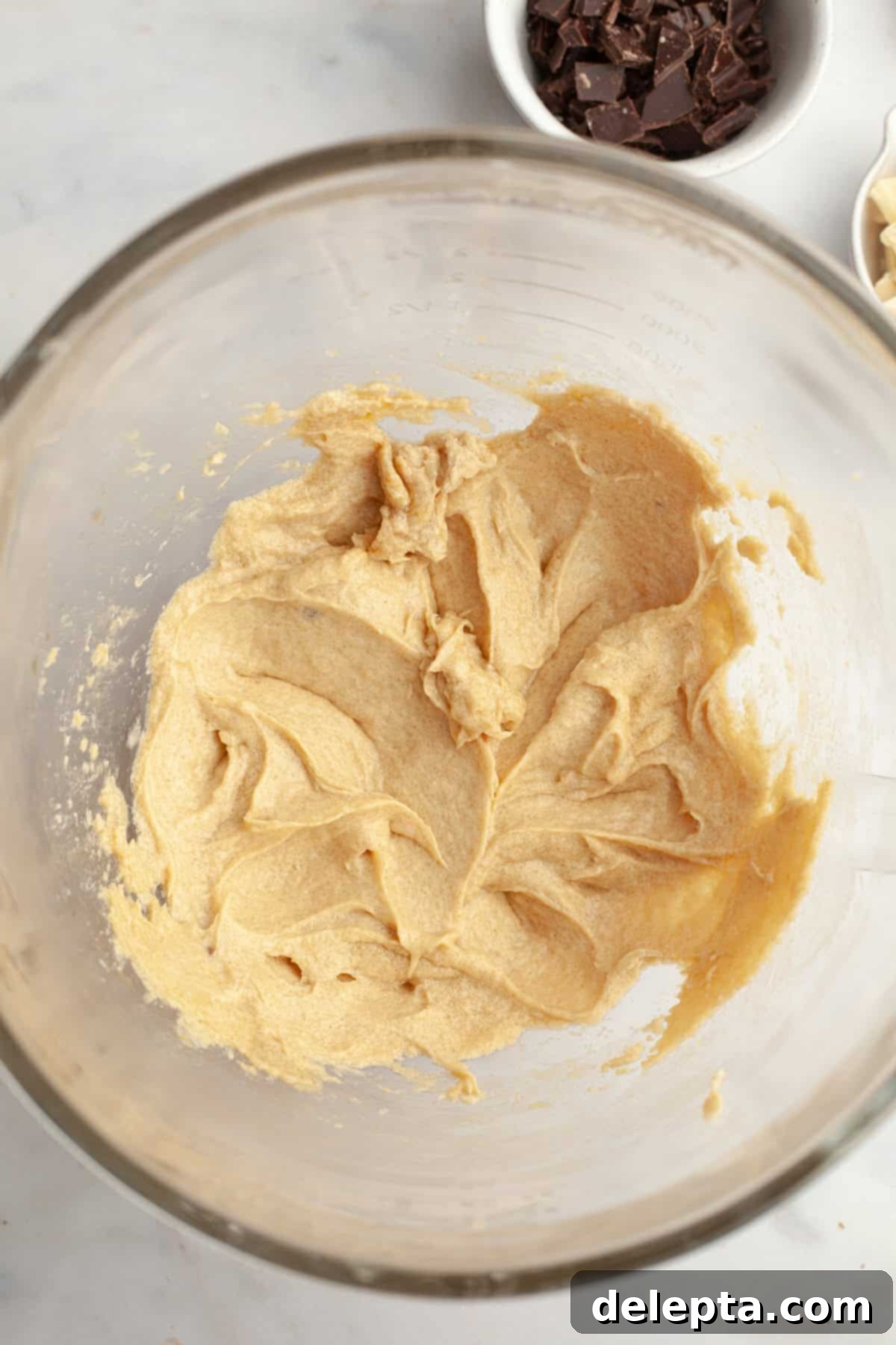 Chewy Triple Chocolate Chunk One Bowl Cookies 4 Creamed butter and sugars in a glass bowl, light and fluffy.