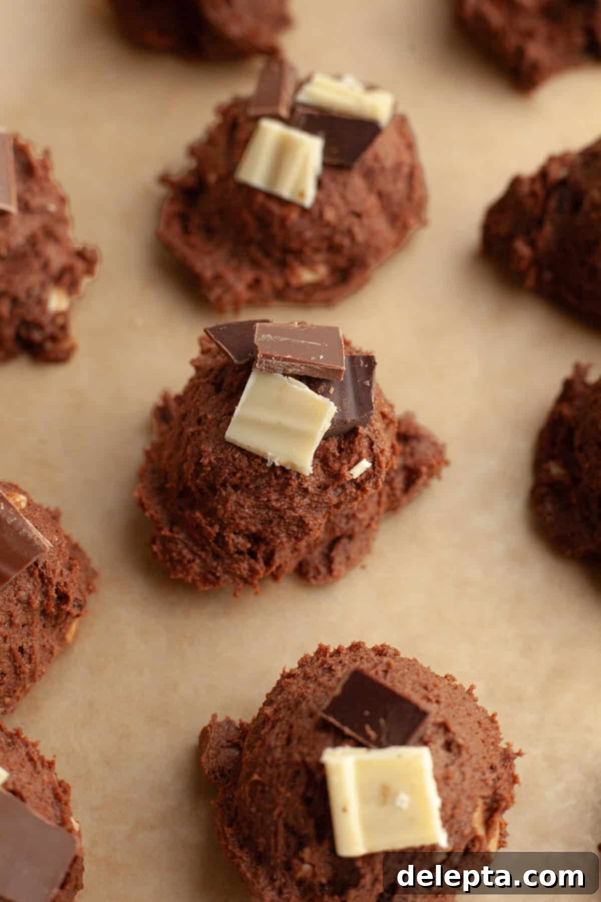 Chewy Triple Chocolate Chunk One Bowl Cookies 7 Portioned chocolate chunk cookie dough balls placed on parchment paper, ready for chilling.