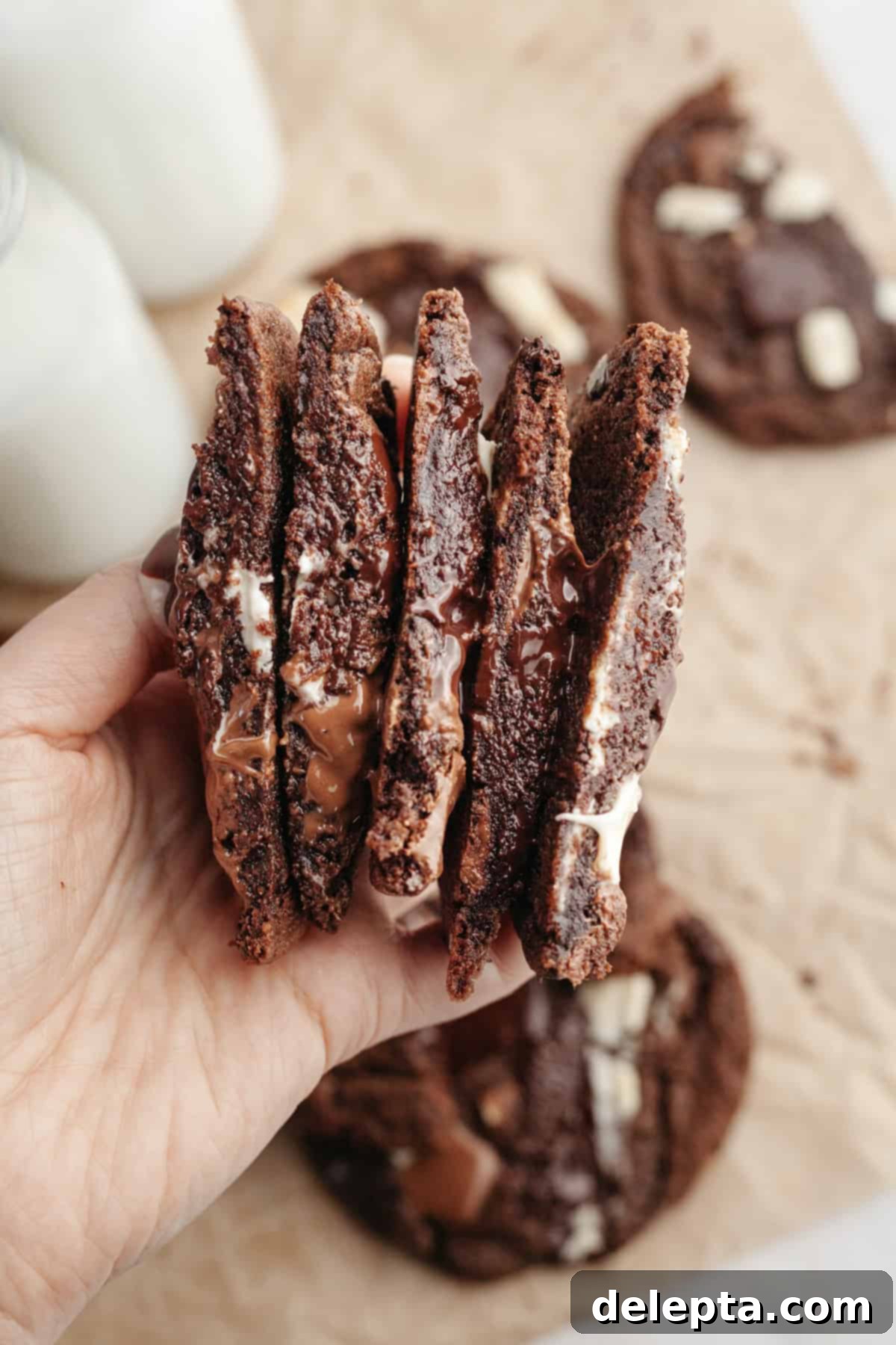 Chewy Triple Chocolate Chunk One Bowl Cookies 8 A hand holding five perfectly baked chocolate chunk cookie halves, revealing their gooey interiors.