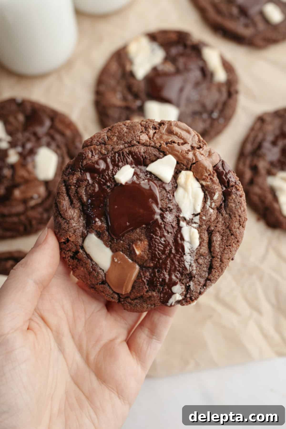 Chewy Triple Chocolate Chunk One Bowl Cookies 9 A hand holding a single, perfectly baked triple chocolate chunk cookie, showing off its rich, dark color and melted chocolate chunks.