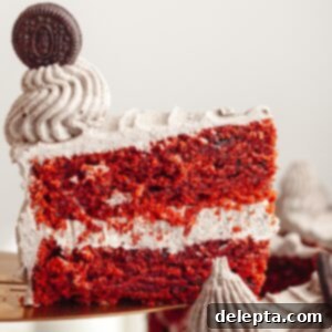 Red Velvet Oreo Cake with Oreo Buttercream 14 A close up of a slice of Red Velvet Oreo Cake, showcasing its beautiful layers and frosting.