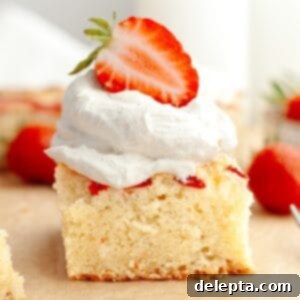 Simple One-Bowl Strawberry Snack Cake 10 A close up of a slice of a mini strawberry cake, topped with whipped cream and half of a fresh strawberry.