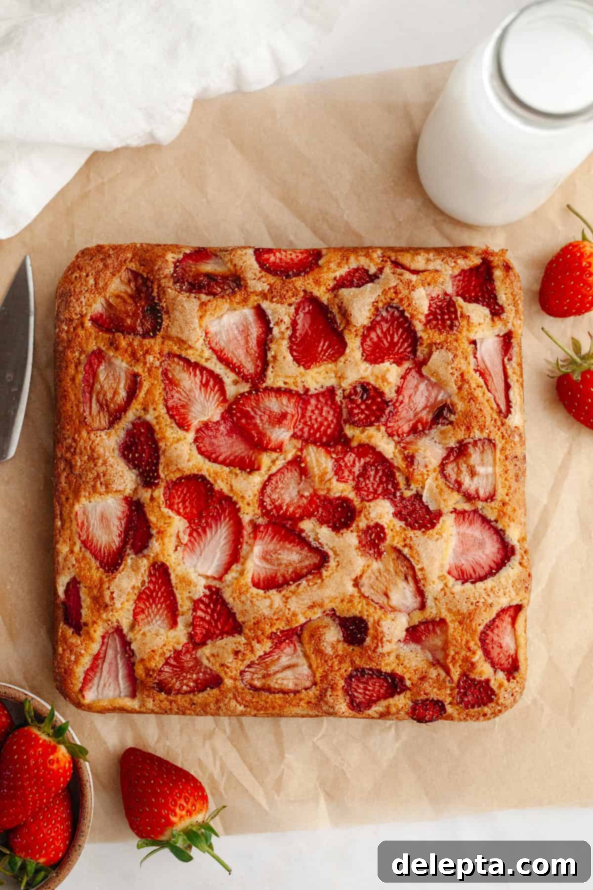Simple One-Bowl Strawberry Snack Cake 7 A square strawberry snack cake on parchment paper.