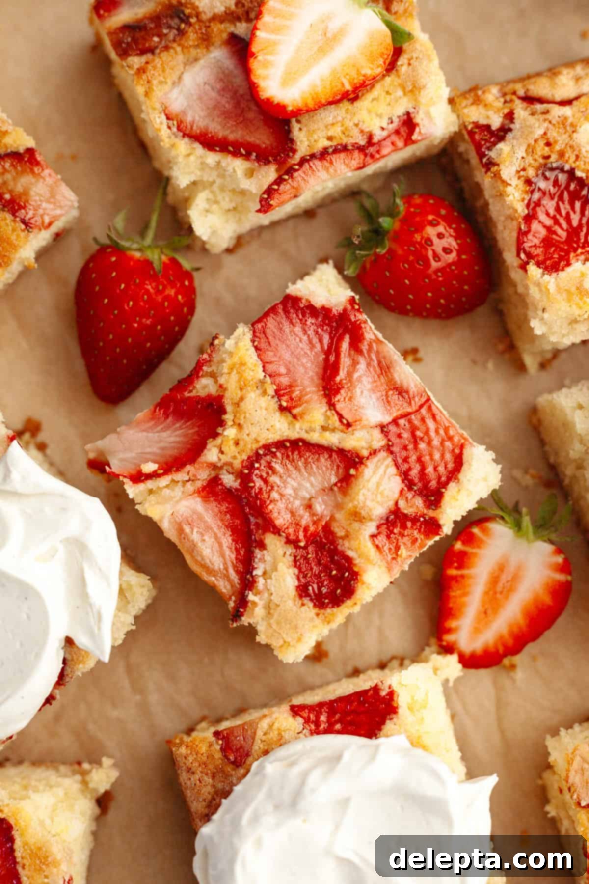 Simple One-Bowl Strawberry Snack Cake 8 A close up of square slices of strawberry snack cake on parchment paper.