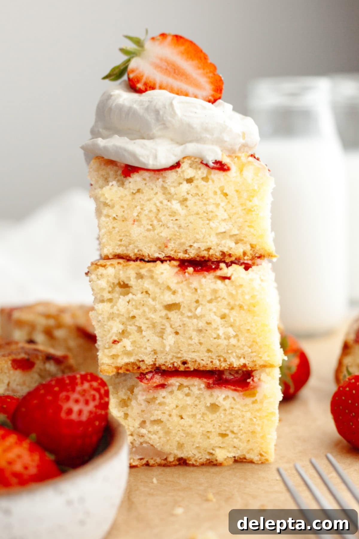 Simple One-Bowl Strawberry Snack Cake 9 Three slices of mini strawberry cake stacked on top of each other, topped with whipped cream and a strawberry.