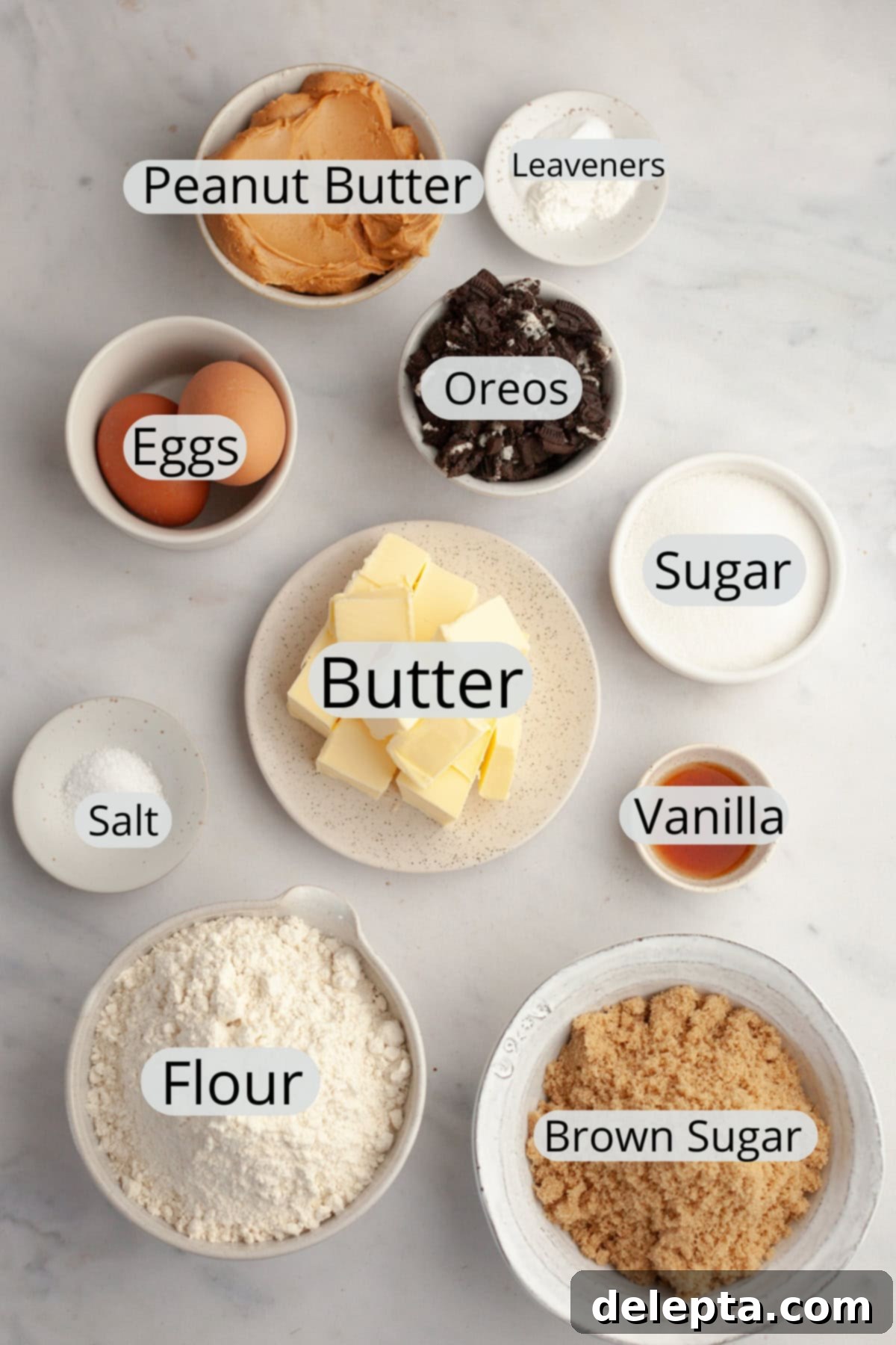 One Bowl Brown Butter Peanut Butter Oreo Perfection 3 All the ingredients needed to make peanut butter Oreo cookies, weighed out into small bowls.