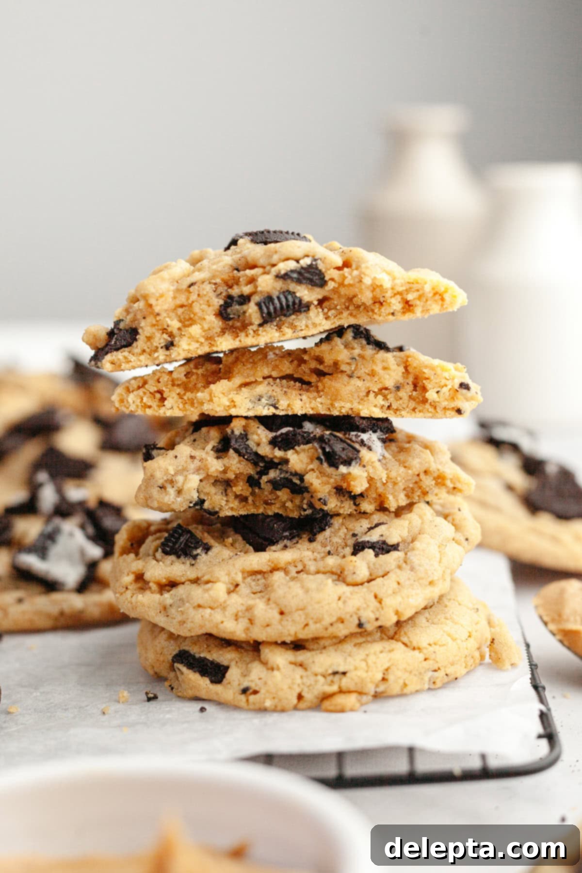 One Bowl Brown Butter Peanut Butter Oreo Perfection 10 A stack of peanut butter Oreo cookies.